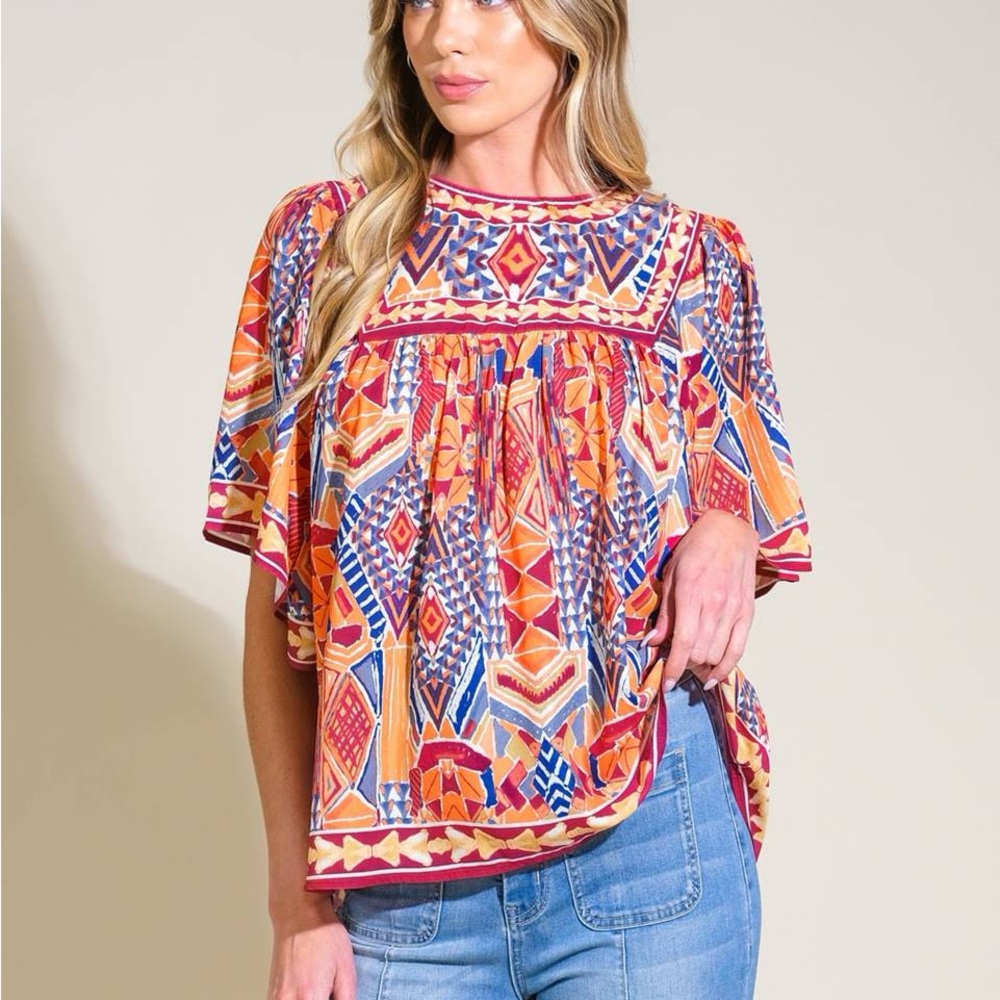 NWT Boho Geo-Print Flutter Sleeve Top - Orange Multi